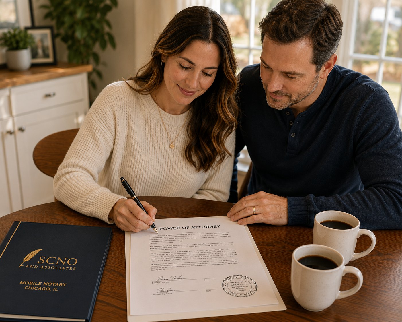 Couple signing important documents with SCNO and Associates notary